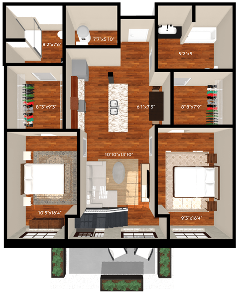 Floor plan for 2 beds, 2 baths, 1148 sqft